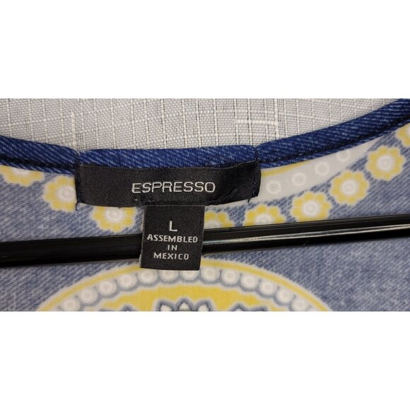 Espresso Blue Yellow Circular Pattern Keyhole Dress Denim Look Fabric Size Large - Picture 3 of 6